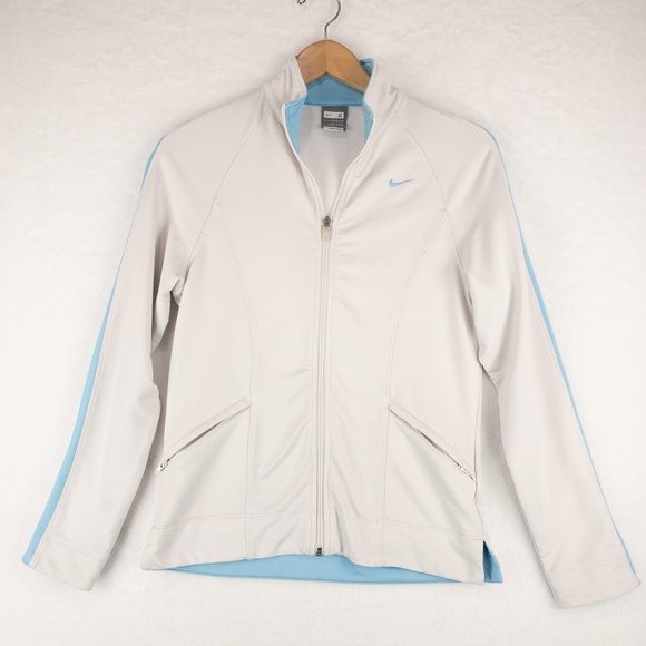 Nike Sweatshirt Womens Small  White Blue Full Zip Fit Dry Mock Neck - Picture 1 of 13